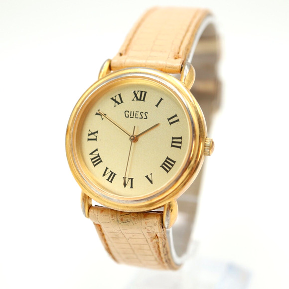 Vintage 1989 Guess Watch 34mm Gold Tone Pebbled Leather Strap w New Battery - Picture 1 of 16